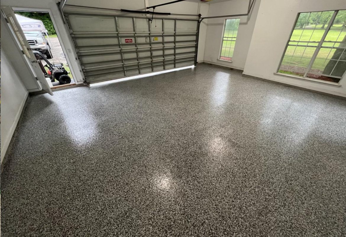 Grey flake epoxy garage floor